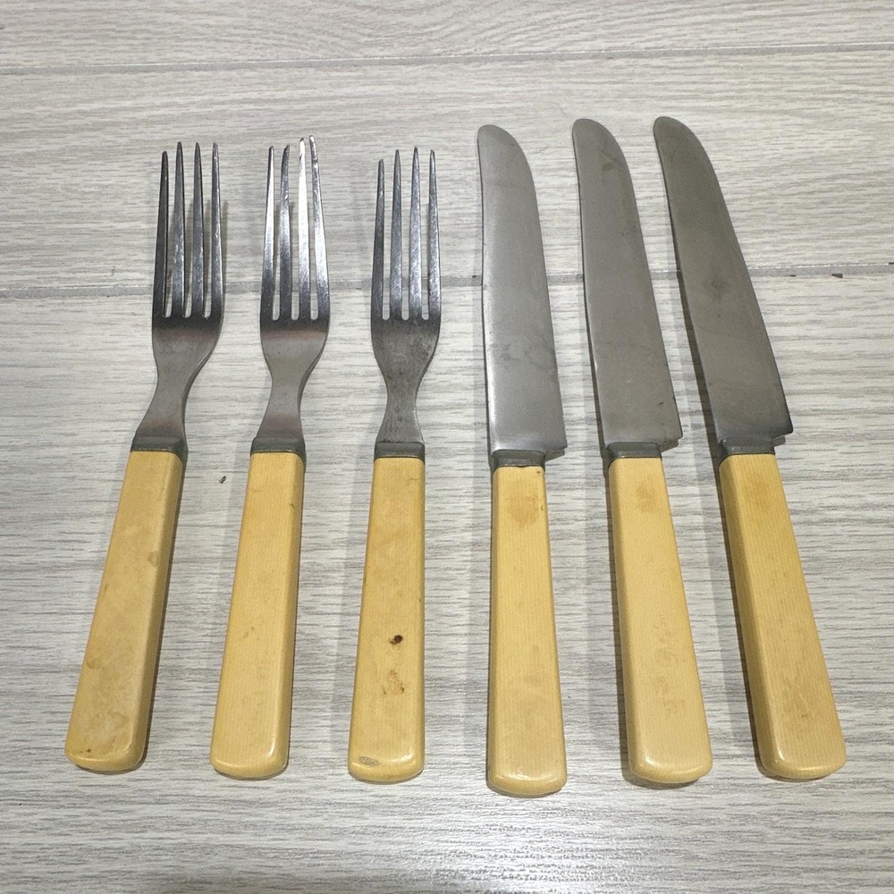 STA-BRITE Stainless Cutlery 3 Forks 3 Knives Bakelite Handle Vintage 1930-50s